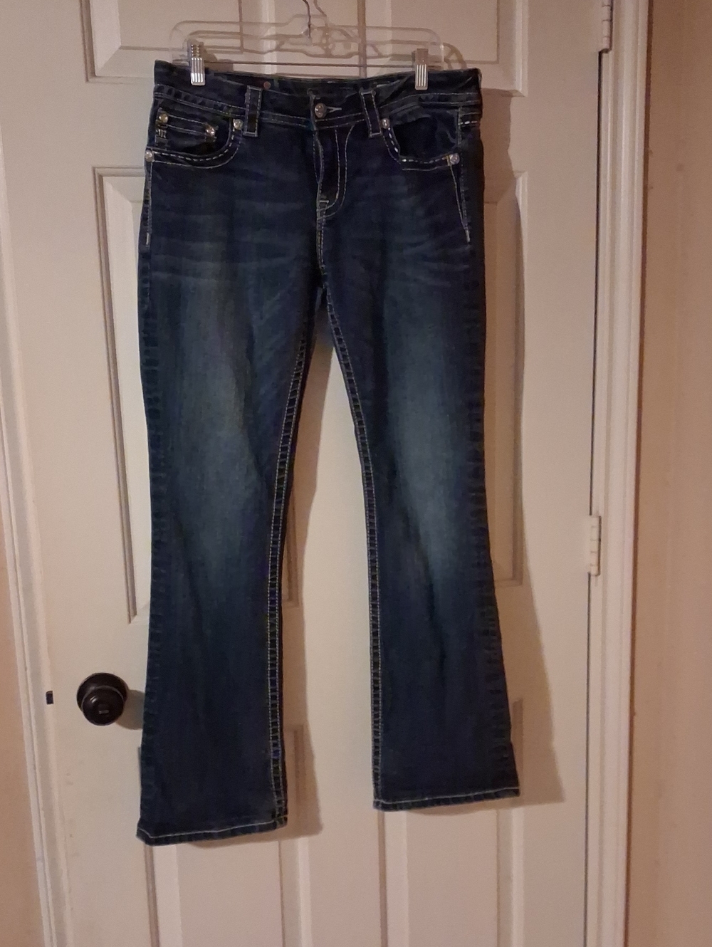 Miss Me Dark Blue Wide Leg Jeans with Faded Whiskering